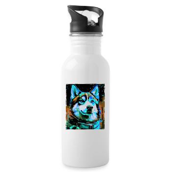 Husky Hund Porträt - Trinkflasche mit integriertem Trinkhalm - Weiß - Rechts