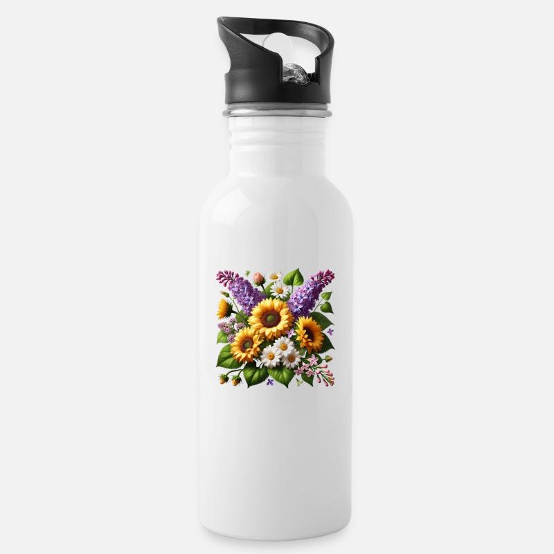 Tournesol, lilas, marguerites, fleur, floral - Gourde avec paille intégrée - blanc