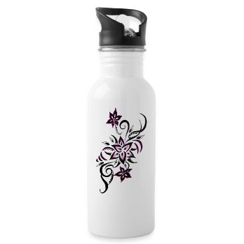 Floral Schwarz Magenta Spirale - Trinkflasche mit integriertem Trinkhalm - Weiß - Rechts
