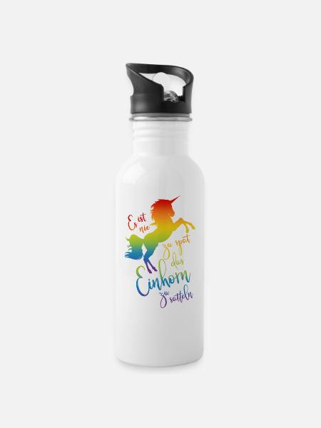 Einhorn satteln Spruch Regenbogen Silhouette bunt - Trinkflasche mit integriertem Trinkhalm - Weiß