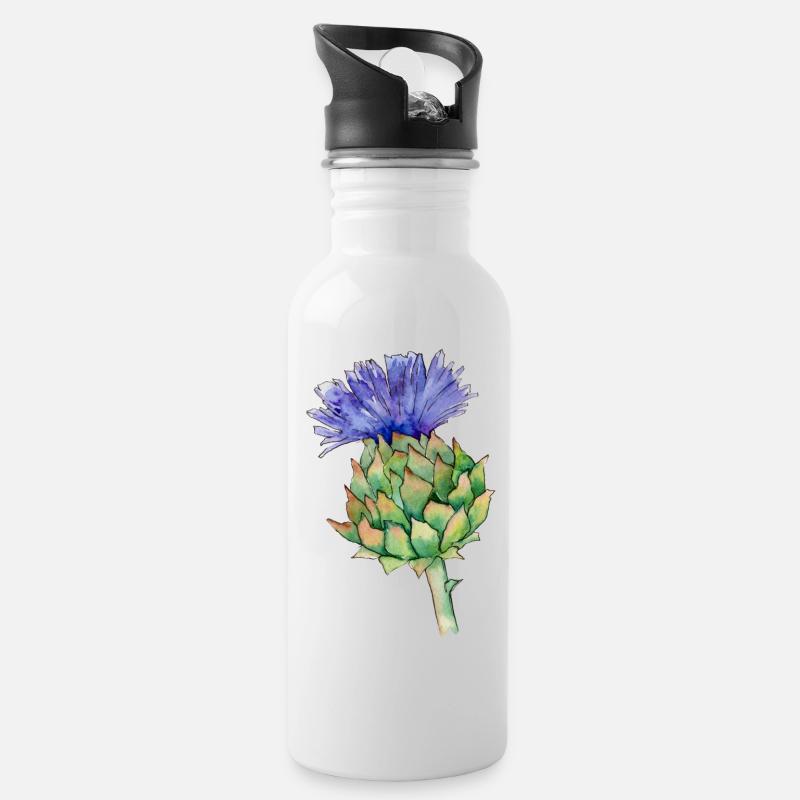 Aquarelldistel - Trinkflasche mit integriertem Trinkhalm - Weiß