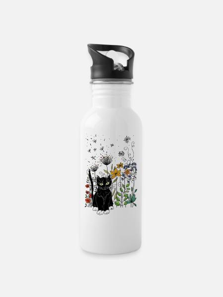 Cat - Water bottle with straw - white