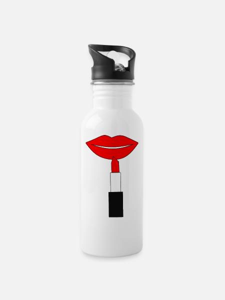 Lippenstift Lippen rot - Trinkflasche mit integriertem Trinkhalm - Weiß