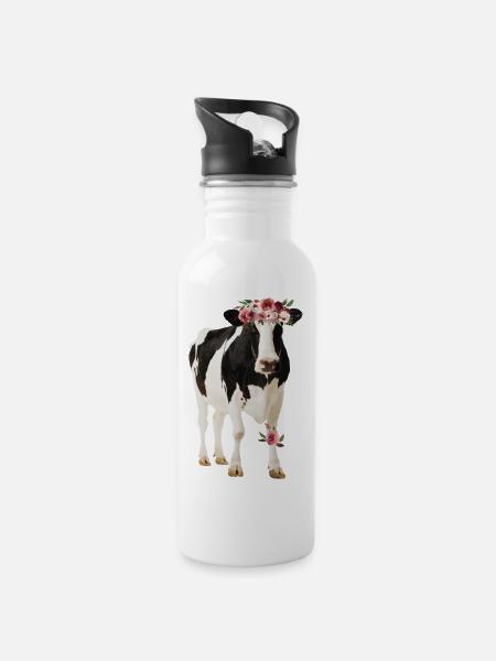 Holstein Cow With Flowers - Water bottle with straw - white