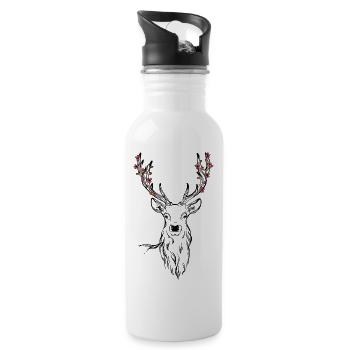 Deer Flowers Forest Nature Antlers Deer Head Vegan - Water bottle with straw - white - Right