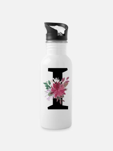 Floral letter i - Water bottle with straw - white