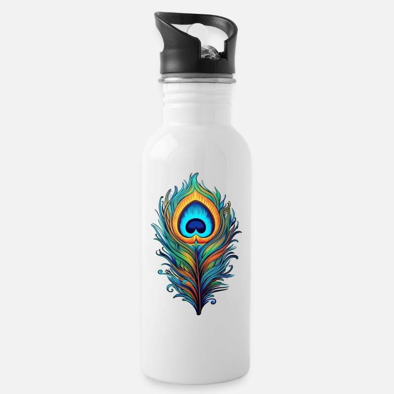 Mystische Pfauenfeder - Trinkflasche mit integriertem Trinkhalm - Weiß