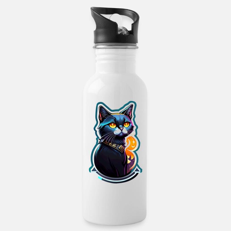 Schwarze Katze und Magie - Trinkflasche mit integriertem Trinkhalm - Weiß