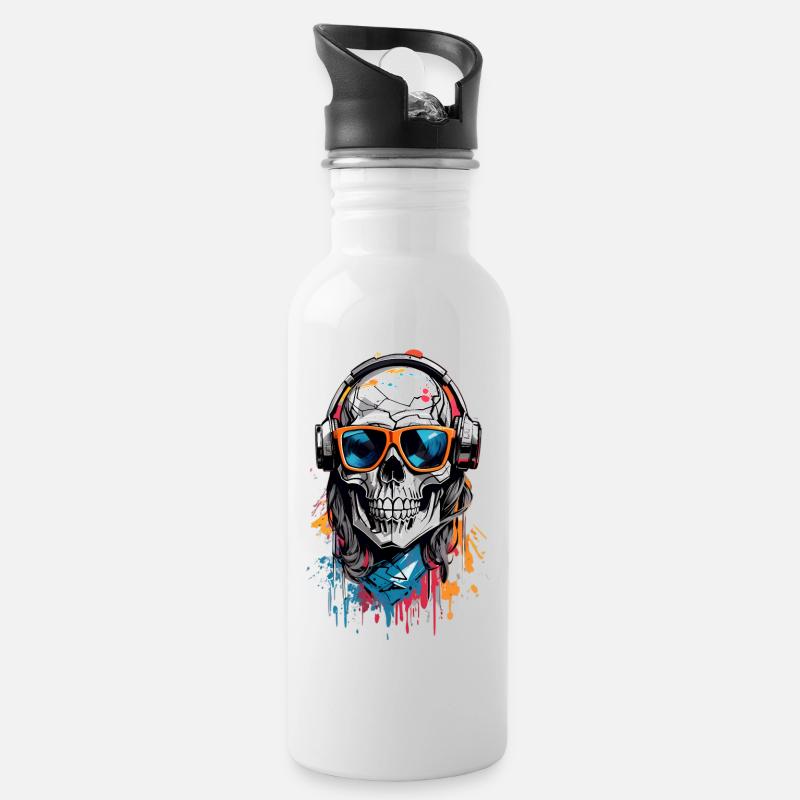 Coole Totenkopf - Trinkflasche mit integriertem Trinkhalm - Weiß