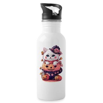 Süße Katze mit Kürbis - Trinkflasche mit integriertem Trinkhalm - Weiß - Rechts
