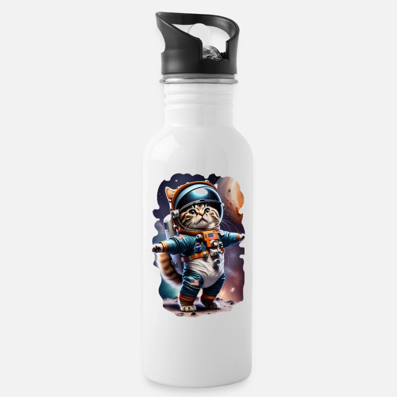 Chat astronaute - Gourde avec paille intégrée - blanc
