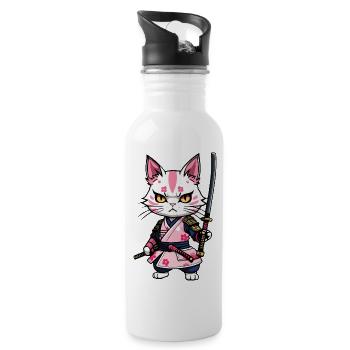 Samurai Cat & Cherry Blossoms #8 - Water bottle with straw - white - Right