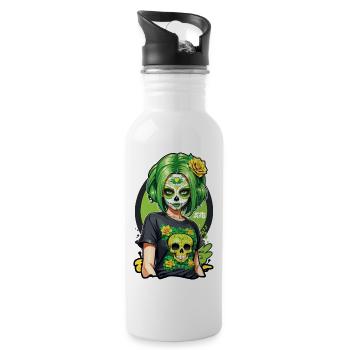 Sugar Skull Girl with Green Hair & Single Roses - Water bottle with straw - white - Right