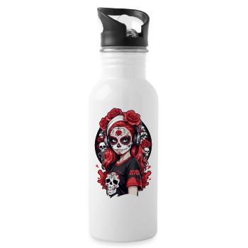 Sugar Skull Girl with Red Hair and White Headband - Water bottle with straw - white - Right