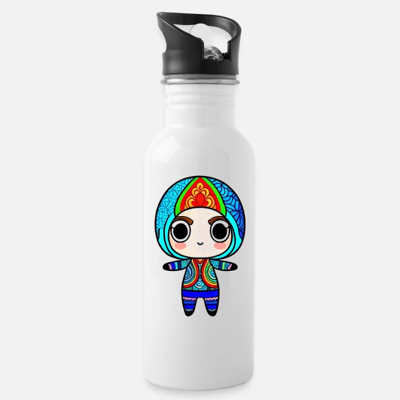 Chibi Zentangle - Trinkflasche mit integriertem Trinkhalm - Weiß