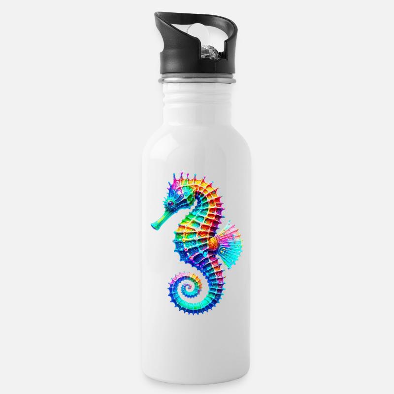 Seepferdchen - Trinkflasche mit integriertem Trinkhalm - Weiß