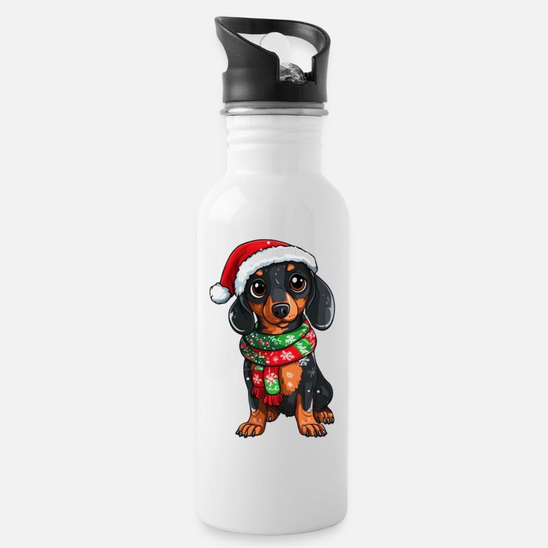 Weihnachts Dackel - Trinkflasche mit integriertem Trinkhalm - Weiß