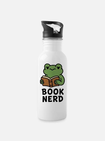 Wise Frog Reading Book Print - Water bottle with straw - white