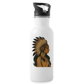 Indigenous Portrait with Feather Crown - Water bottle with straw - white - Right
