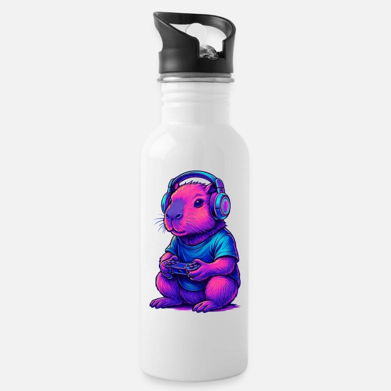 Capybara Gaming Gamer Zocken Zocker Videospiele - Trinkflasche mit integriertem Trinkhalm - Weiß