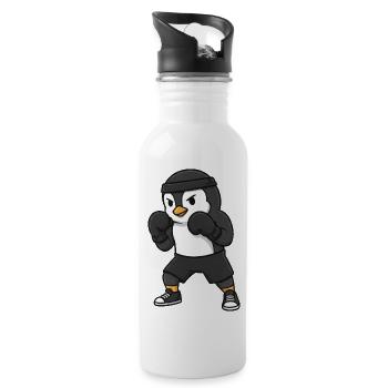 Cute Penguin Boxer Martial Arts Cartoon Funny Spor - Water bottle with straw - white - Right