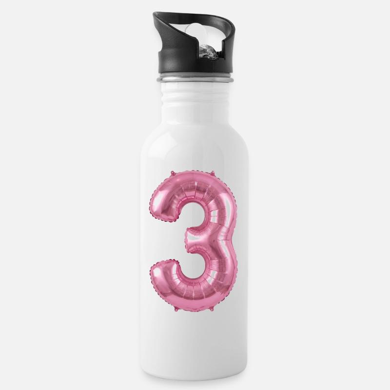 3. Geburtstag Shirt, Pinker Ballon Helium - Trinkflasche mit integriertem Trinkhalm - Weiß