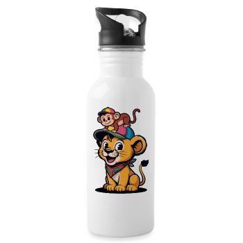 Cute Lion and Monkey – Best Friends - Water bottle with straw - white - Right
