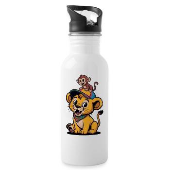 Lion et Singe mignons – Meilleurs amis - Gourde avec paille intégrée - blanc - Droite