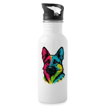 Deutscher Schäferhund-Pop-Art, mehrfarbiges Hundeporträt - Trinkflasche mit integriertem Trinkhalm - Weiß - Rechts