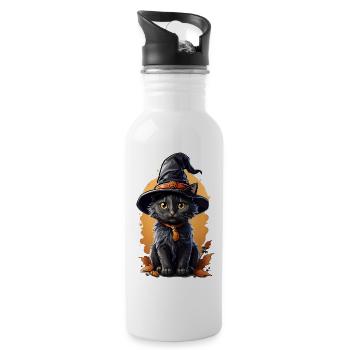 Halloween Cat with Witch Hat - Water bottle with straw - white - Right