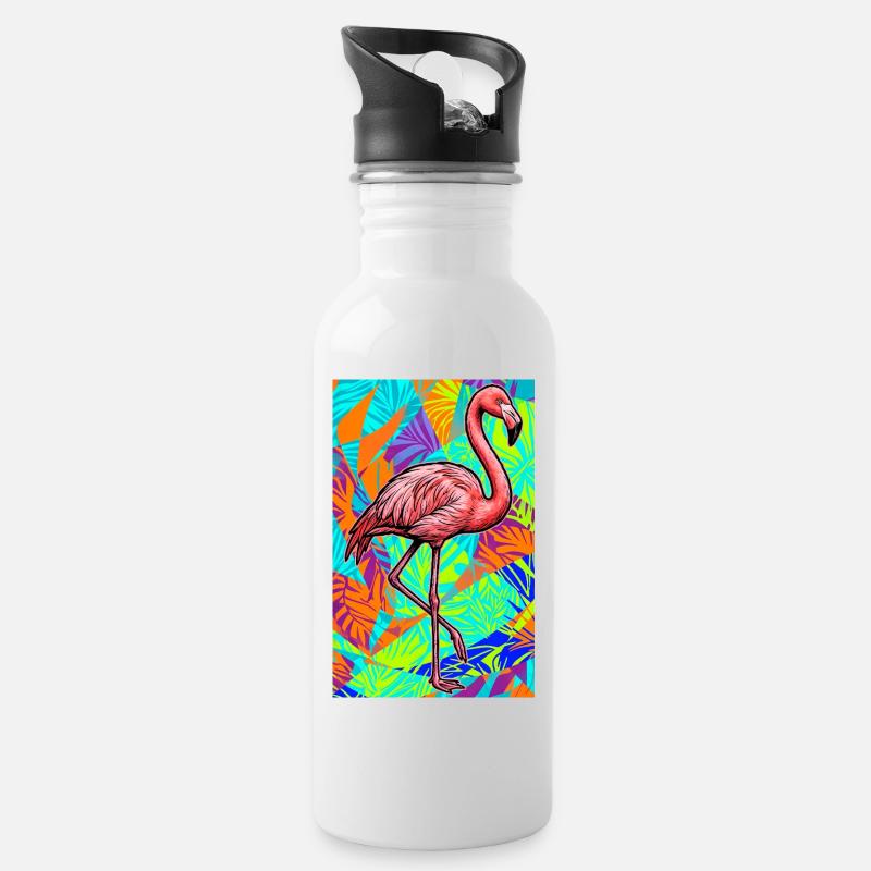 Flamingo - Trinkflasche mit integriertem Trinkhalm - Weiß