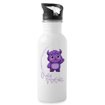 Niedliches, winkendes lila Monsterchen - Trinkflasche mit integriertem Trinkhalm - Weiß - Rechts