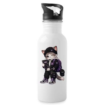 Purple Student Cat and Stars - Water bottle with straw - white - Right
