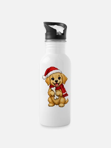 Golden Retriever Welpe Weihnachtsmütze Weihnachten - Trinkflasche mit integriertem Trinkhalm - Weiß