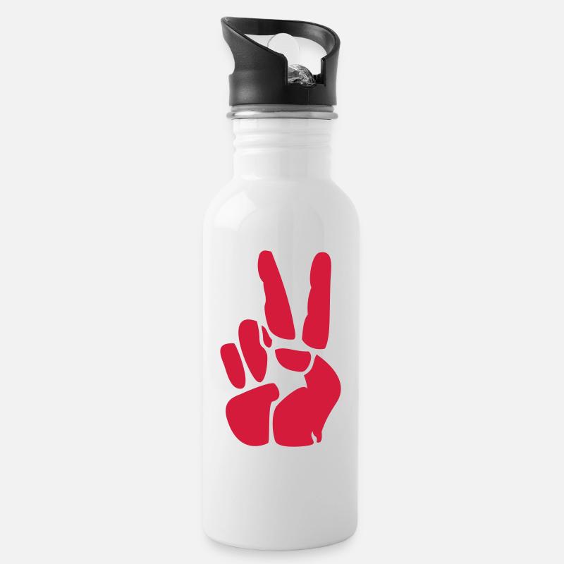 Victory / Peace - Trinkflasche mit integriertem Trinkhalm - Weiß