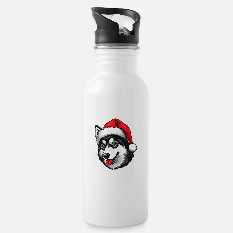 Husky Hund Kopf Weihnachten Christmas - Trinkflasche mit integriertem Trinkhalm - Weiß