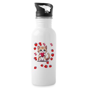 80er Retro Katze Katzen Erdbeeren Erdbeer Kinder - Trinkflasche mit integriertem Trinkhalm - Weiß - Rechts