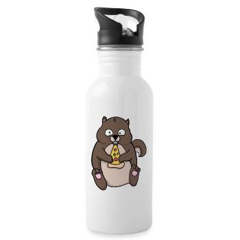 Fat Squirrel Eating Pizza Funny Comic Style - Water bottle with straw - white - Right