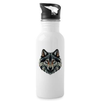 Bunter Wolf im Mosaik-Stil - Trinkflasche mit integriertem Trinkhalm - Weiß - Rechts