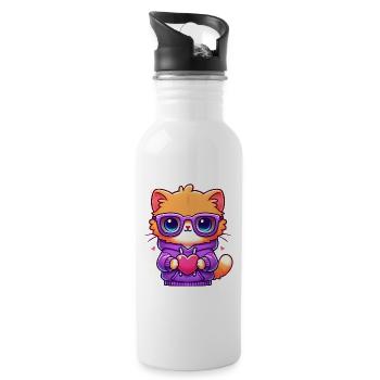 Cool Cat in Sunglasses with Heart - Water bottle with straw - white - Right