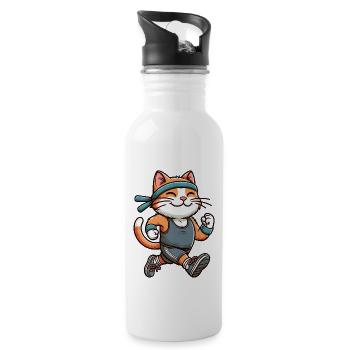 Cat Jogging Marathon Running Fun - Water bottle with straw - white - Right