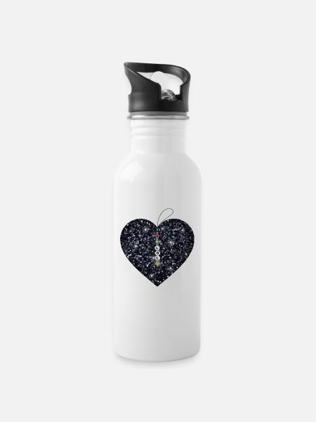 Glitzerndes schwarzes Herz mit Anhänger Strass - Trinkflasche mit integriertem Trinkhalm - Weiß