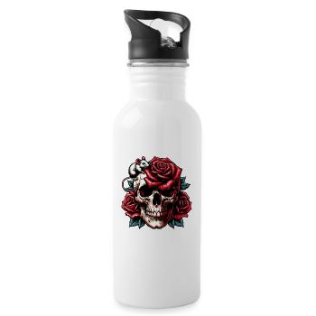 Crâne avec des roses rouges, des vrilles de rose et une souris - Gourde avec paille intégrée - blanc - Droite