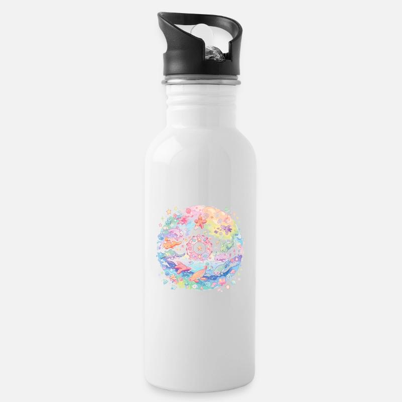 Niedliche Meerestiere - Trinkflasche mit integriertem Trinkhalm - Weiß