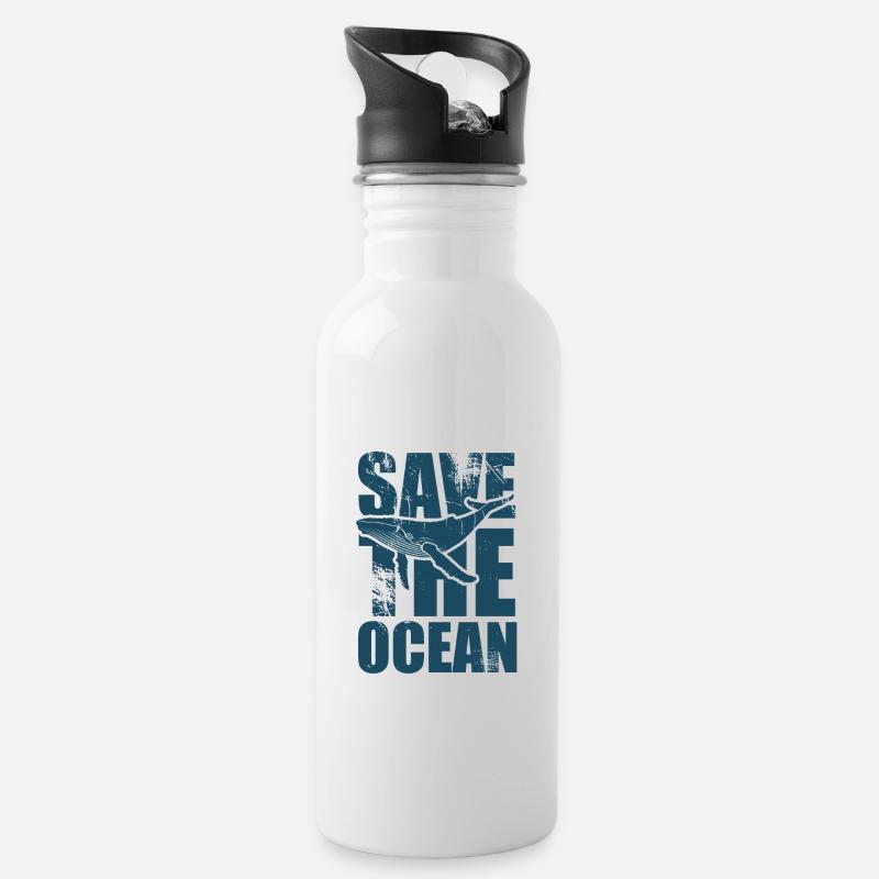 Save the ocean - Wal - Buckelwal - Geschenk - Trinkflasche mit integriertem Trinkhalm - Weiß