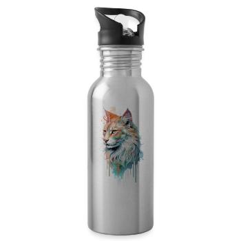 Eye-catching cat - Water bottle with straw - silver - Right