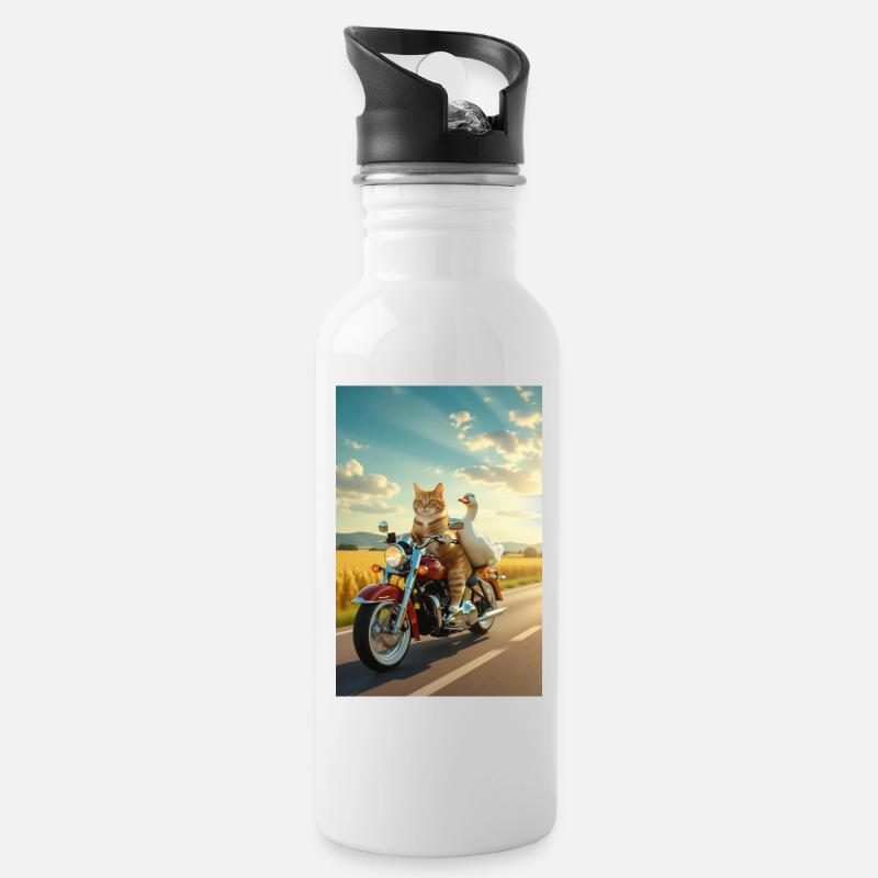 Chat et Oie en Moto - Gourde avec paille intégrée - blanc