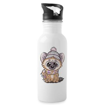 Cute hyena with scarf and bobble hat. - Water bottle with straw - white - Right