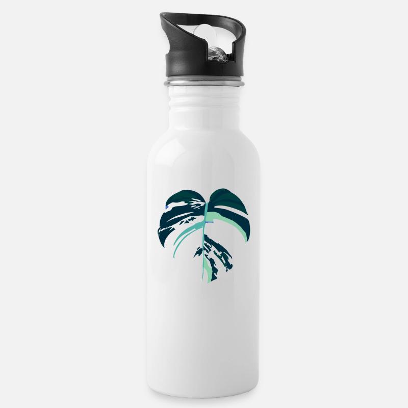 Monstera Variegata - Trinkflasche mit integriertem Trinkhalm - Weiß