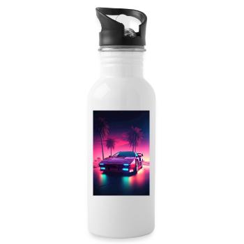 Eine Synthwave Fahrt in die Zukunft im Outrun Stil - Trinkflasche mit integriertem Trinkhalm - Weiß - Rechts
